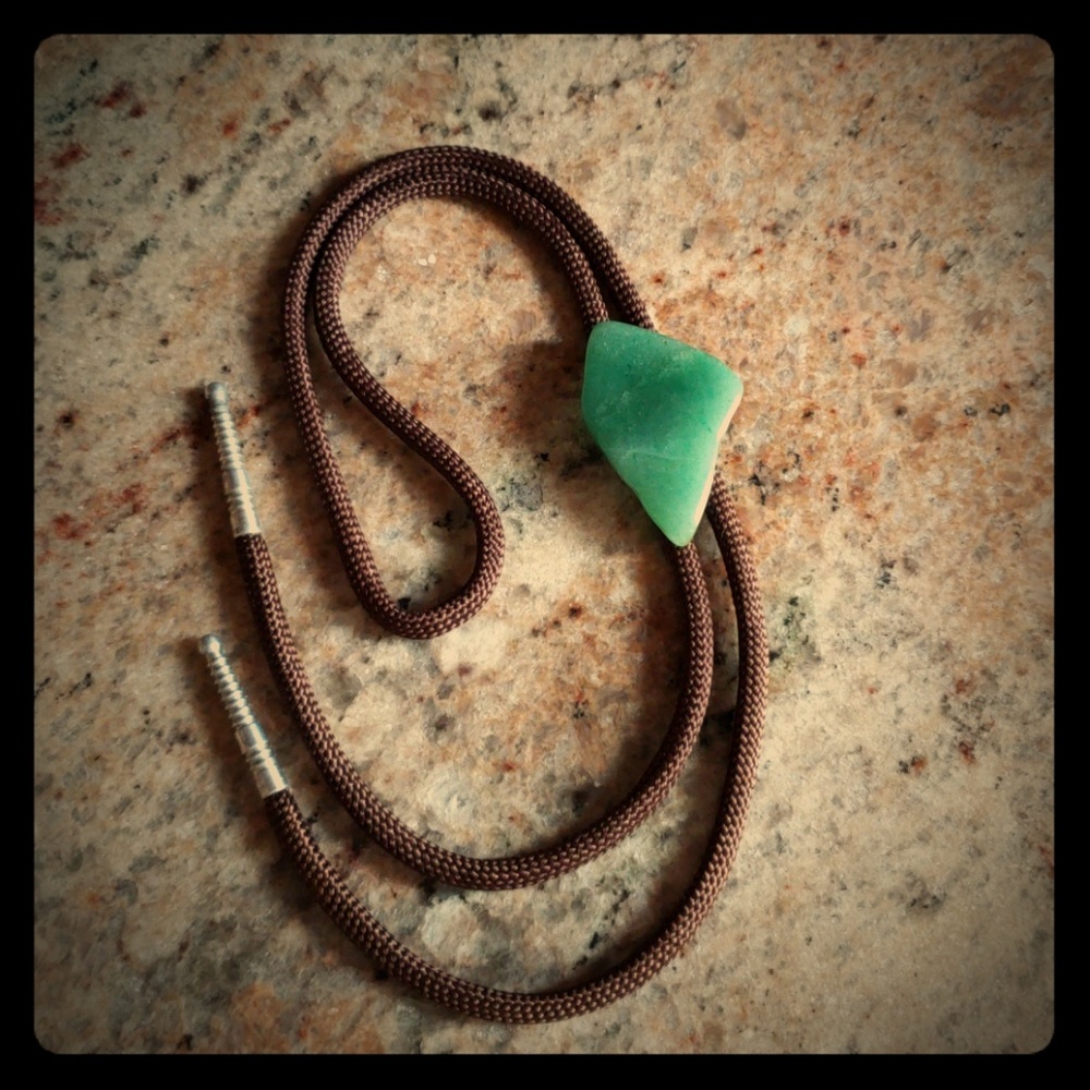 Bolo Tie with Real Stone Aqua Green with Brown Tie
